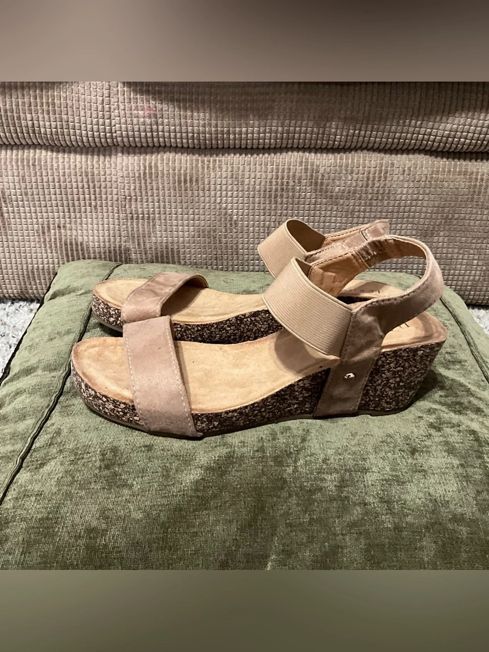 Neutral Taupe Suede Cork Wedge Sandals with Elastic Back